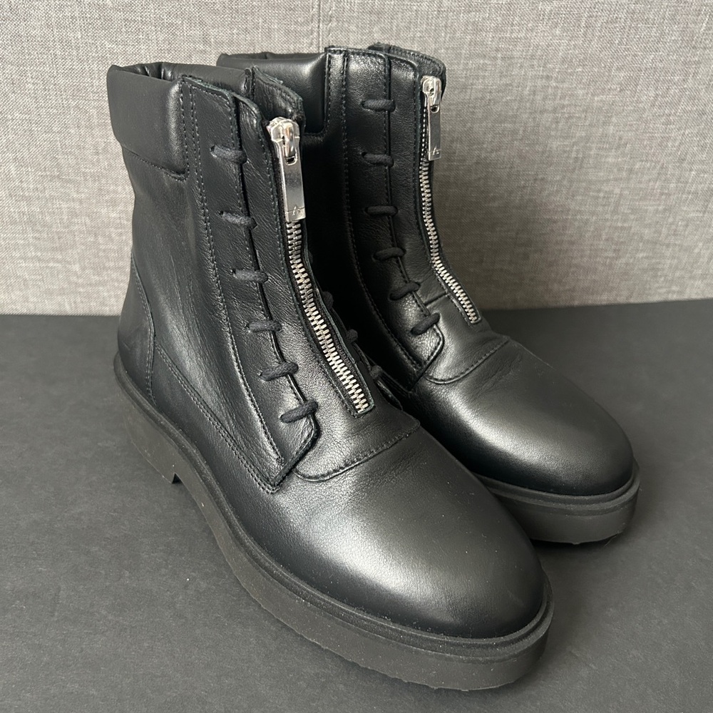 Aquatalia Boots Melani Black Italian Leather Waterproof Zip Combat Boots